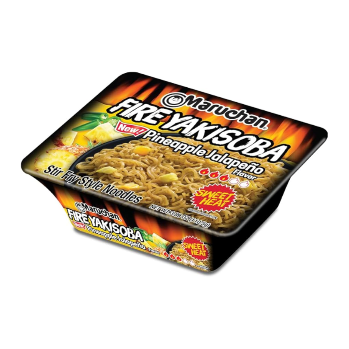 Front of Maruchan Fire Pineapple Jalapeno Flavour Yakisoba Noodles cup with logo, fiery design, and noodles visible (111g)