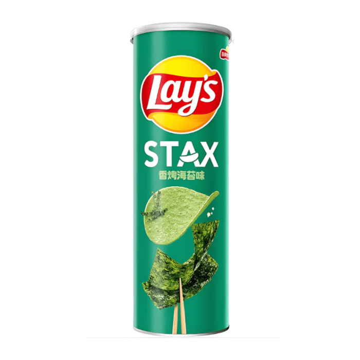 Front of Lay's STAX Roasted Seaweed (90g) showing green tube with logo and images of seaweed snacks