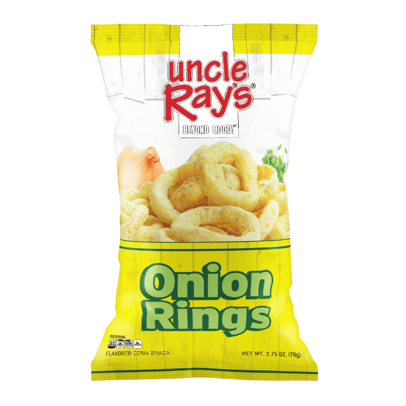 Front of Uncle Ray's Onion Rings bag showing bright yellow packaging, onion flavour, and 78g pack size with the Uncle Ray's logo.