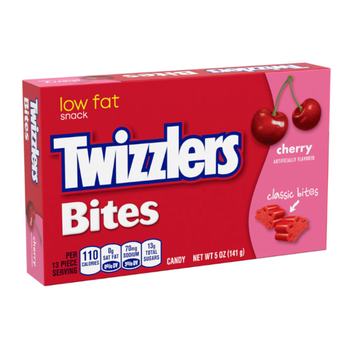 Front of Twizzlers Cherry Bites Theater Box showing vibrant cherry flavour label, low fat snack details, and 141g size