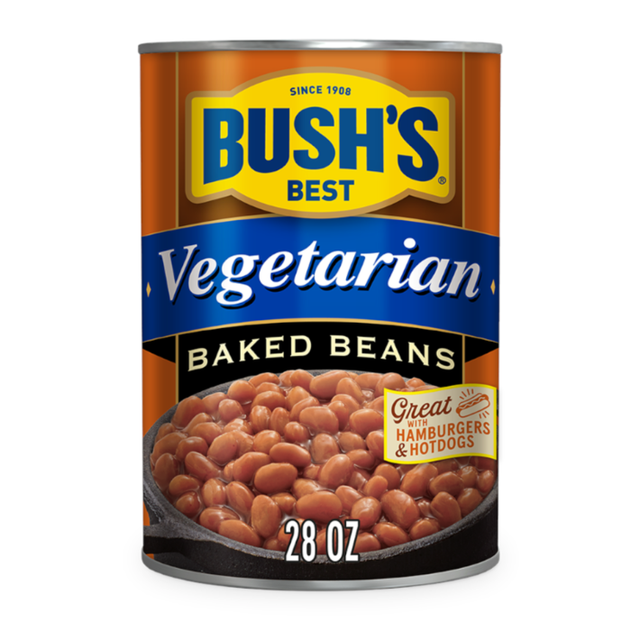 Front of a can of Bush's Best Vegetarian Baked Beans showing the logo, vegetarian label, and image of beans (794g)