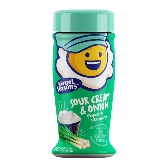 Front of Kernel Season's Sour Cream & Onion bottle showing the logo, sour cream and onion flavour label, and a visual of real sour cream with green onions (73g)