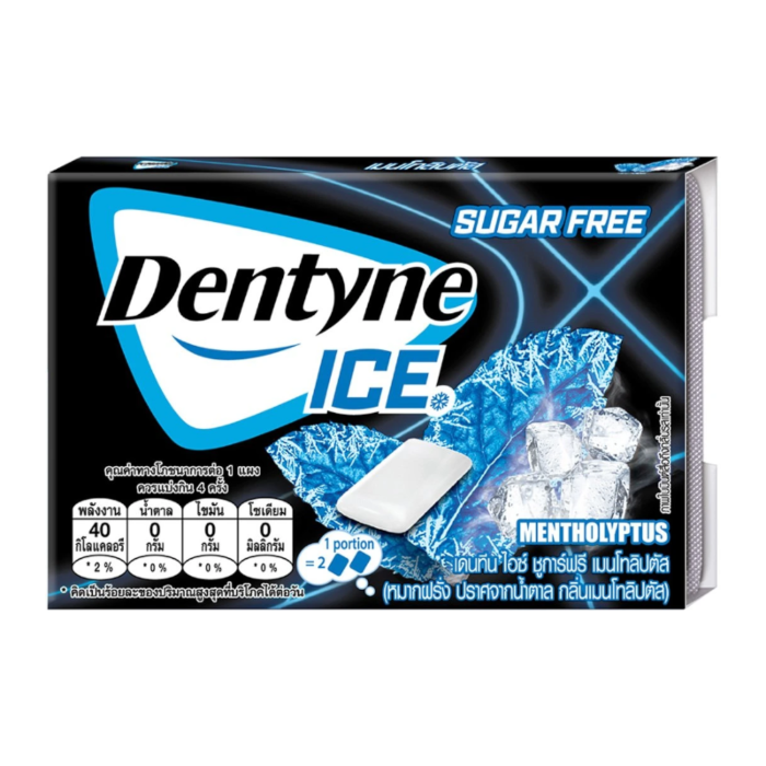Front of Dentyne Ice Chewing Gum pack showing the blue and white logo, Menolyptus flavour label, and sugar-free indication (11g pack)
