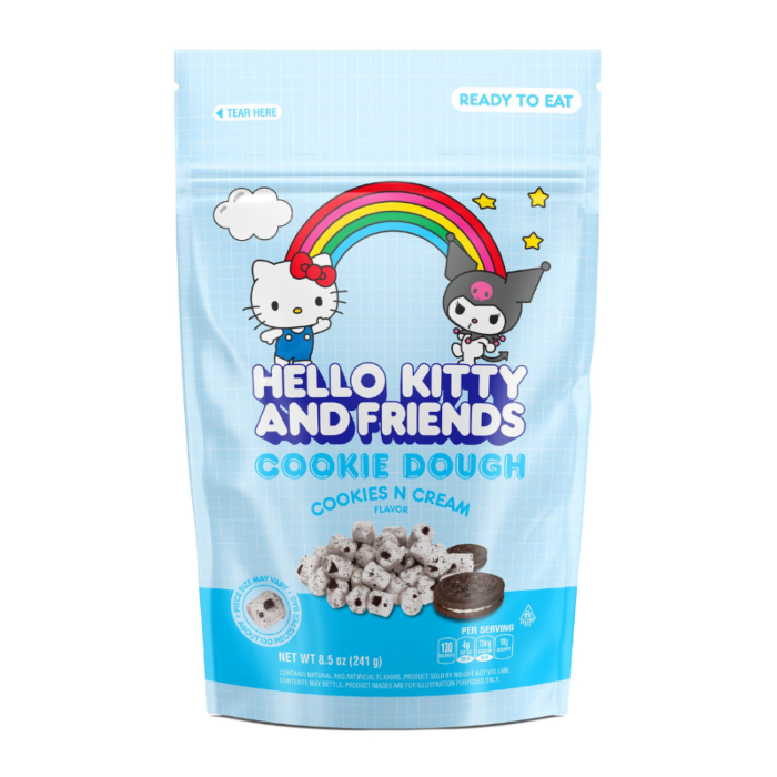 Front of Hello Kitty and Friends Cookie Dough Cookies N Cream Flavor pack showing fun characters, rainbow design, and cookie pieces (241g)