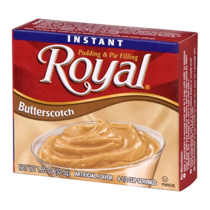 Front of Royal Butterscotch Pudding & Pie Mix box showing logo, creamy butterscotch pudding in a glass, and 52g pack size