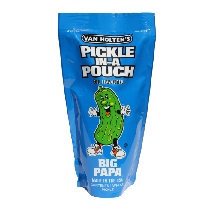 Front of Van Holtens Pickle In A Pouch Big Papa showing bright blue package with fun pickle cartoon character and dill flavour label (306g)
