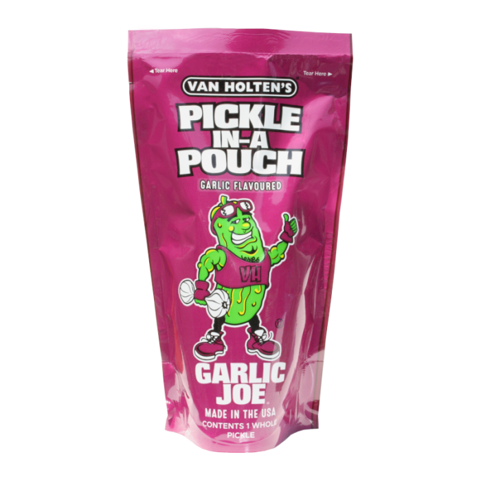 Front of Van Holtens Pickle In A Pouch Garlic Joe showing vibrant pink pouch with garlic-flavoured pickle label, cartoon character, and 306g size.