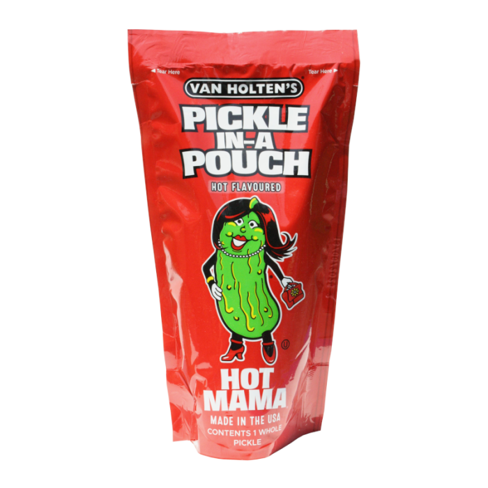 Front of Van Holtens Pickle In A Pouch Hot Mama showing bold red packaging with a cartoon pickle character and 'Hot Mama' label (306g pouch)
