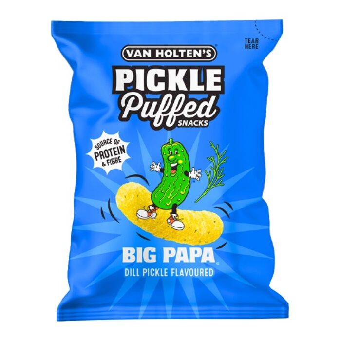 Front of Van Holten's Pickle Puffed Snacks Big Papa bag showing the blue design, dill pickle character, and snack name (90g)