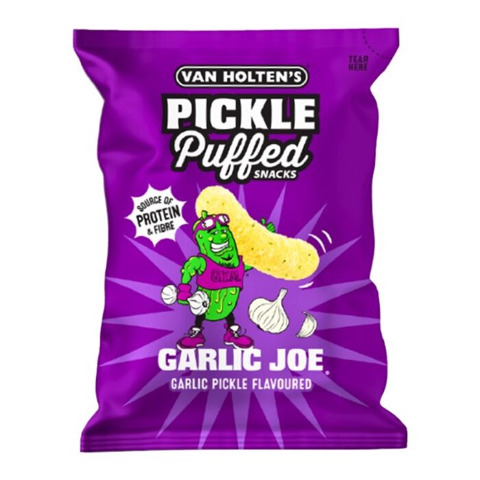 Front of Van Holten's Pickle Puffed Snacks Garlic Joe bag featuring the logo, garlic pickle flavour text, and bright purple packaging (90g)