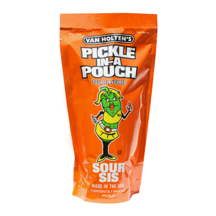 Front of Van Holtens Pickle In A Pouch showing the bold orange packaging, sour flavour label, cartoon pickle character, and 306g size