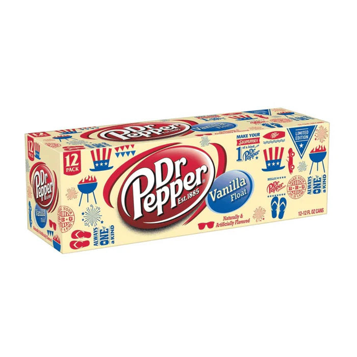 Front of Dr Pepper Vanilla Float case showing logo, flavour details and 12 pack design (355ml x12)