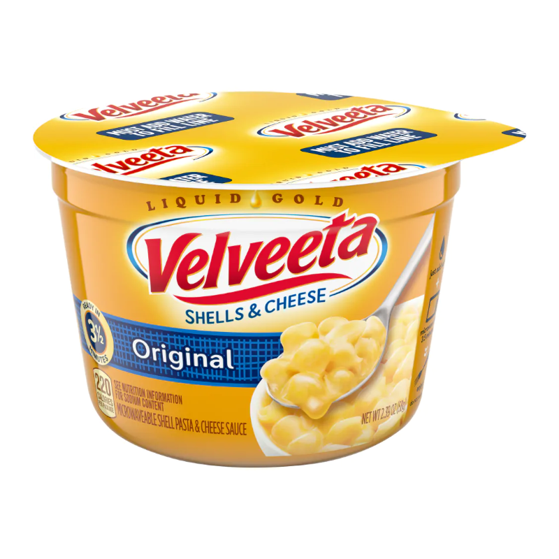 Front of Velveeta Original Shells and Cheese Cups showing the logo, Original flavour, and image of creamy cheese shells (68g cup)