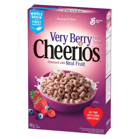 Front of Cheerios Very Berry box showing vibrant pink packaging, Cheerios with berry flavour label, and a bowl of cereal with fruit on the side (309g pack)