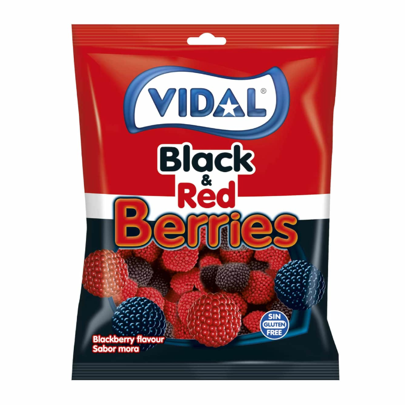 Front of Vidal Black & Red Berries bag featuring the logo, 'Black & Red Berries' text, and an assortment of berry-shaped candies (90g pack)