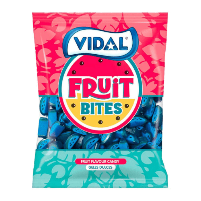 Front of a Vidal Fruit Bites Raspberry bag with fruity flavours, showing vibrant colours and pack size of 1500g.