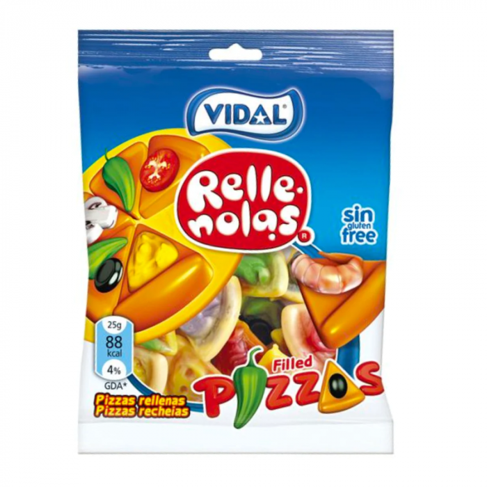 Front of Vidal Filled Gummi Pizzas bag featuring colourful gummi candies shaped like pizzas, with logo and 90g pack size displayed.
