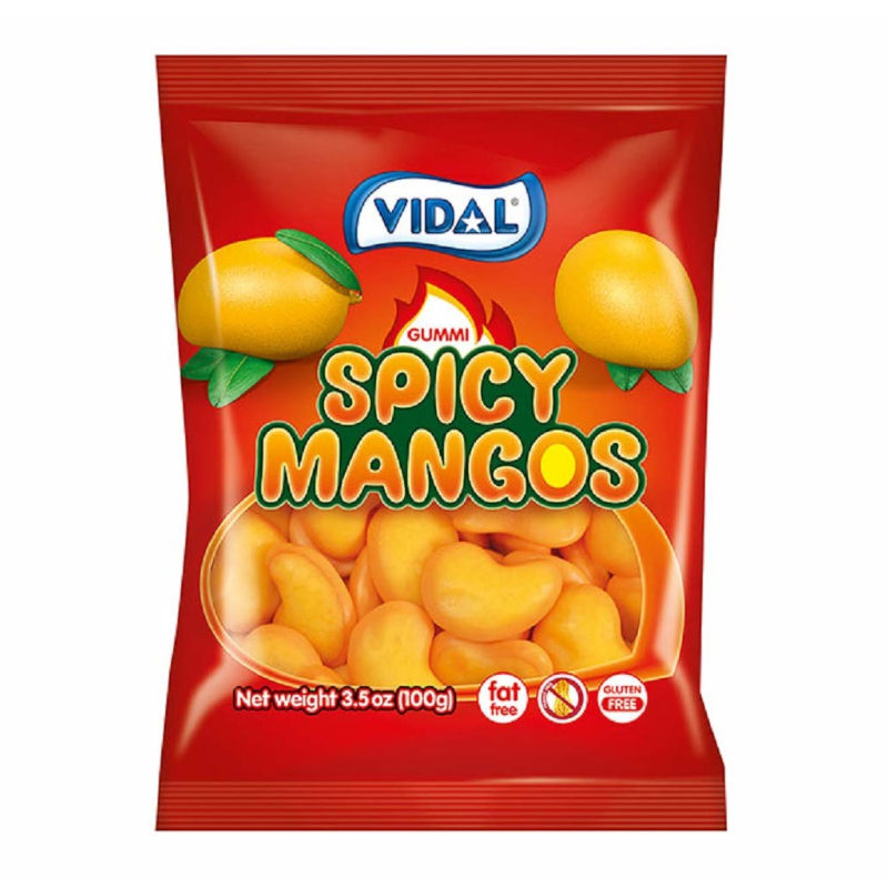Front of Vidal Gummi Spicy Mangos bag showing bold red packaging with yellow gummi mango candies and green accents (100g pack)