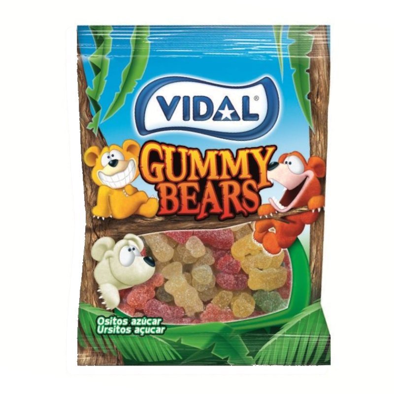 Front of Vidal Gummy Bears bag featuring colourful gummy bears, logo, and playful illustrations (90g pack)