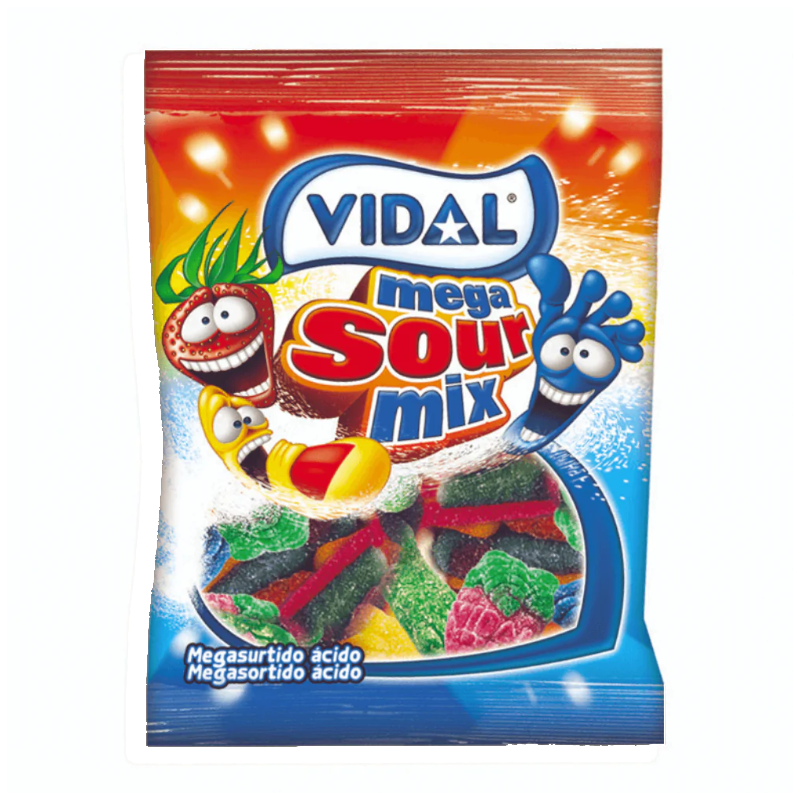 Front of a Vidal Mega Sour Mix bag featuring vibrant colours, sour candy assortment, and the product title (90g pack)
