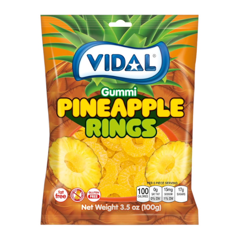 Front of Vidal Gummi Pineapple Rings bag featuring bright yellow and green packaging with pineapple graphics, 100g net weight.