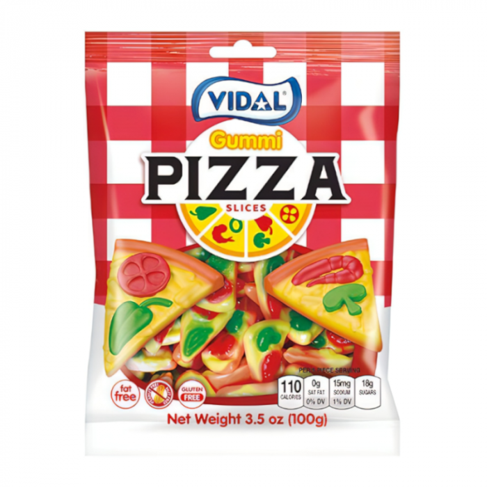 Front of Vidal Gummi Pizzas bag showing colourful gummy pizza slices, logo, and red and white checkered pattern (100g pack)