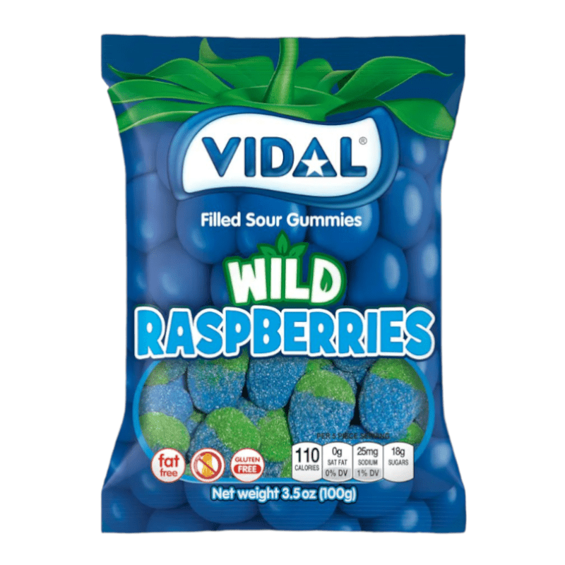 Front of Vidal Sour Wild Raspberries bag showing the logo, colourful gummies, and bold flavour label (100g pack)
