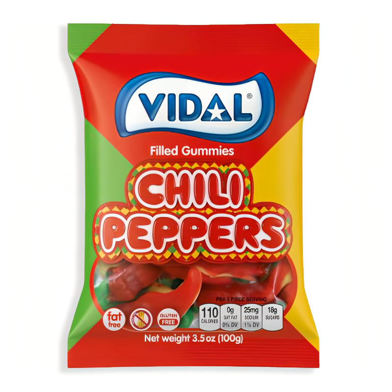 Front of Vidal Spicy Chili Peppers bag showing colourful chili pepper gummies with brand logo and 100g weight indication