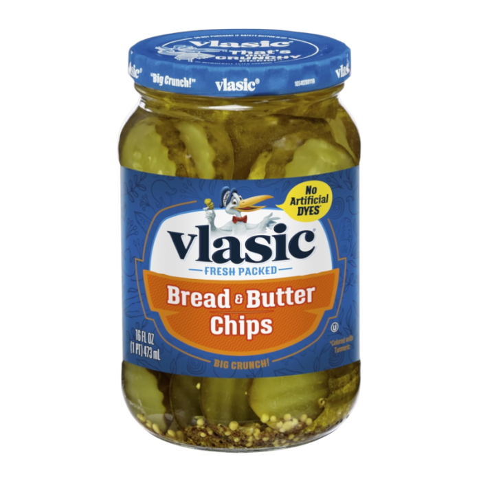 Front of Vlasic Bread & Butter Pickle Chips jar featuring the brand logo, product name, and visible pickles (473ml pack)