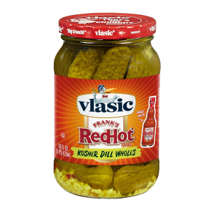 Front of Vlasic Franks Red Hot Kosher Dill Wholes jar showing brand logo, spicy dill pickle flavour label, and jar contents (473ml)