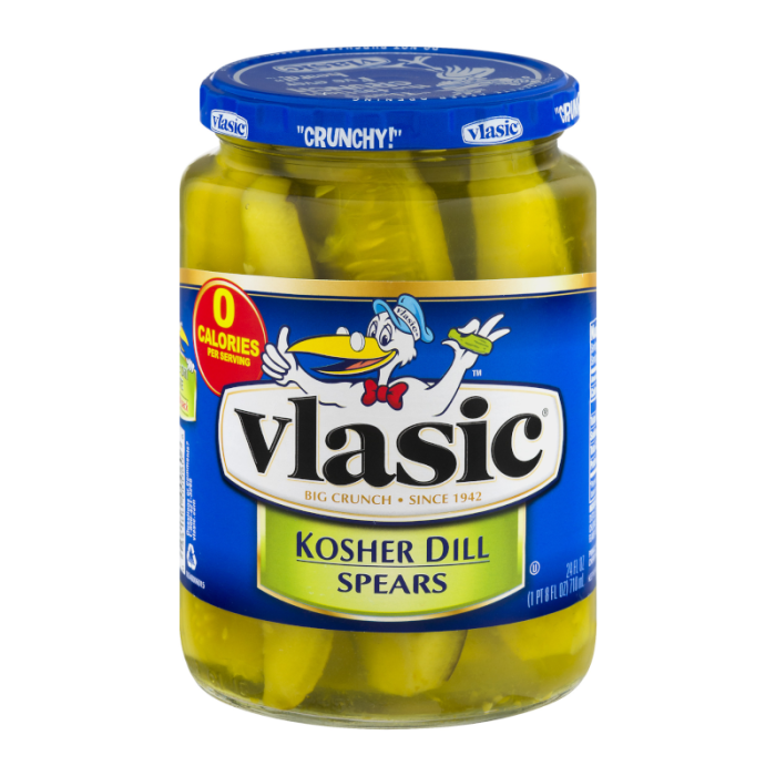 Front of Vlasic Pickles Kosher Dill Spears jar showing the logo, dill spears, and pack size (710ml)