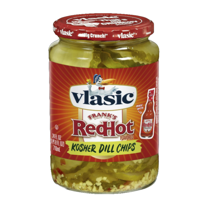 Front of Vlasic Frank's Red Hot Kosher Dill Chips jar showing brand logo, spicy flavour label, and pack size (710ml)