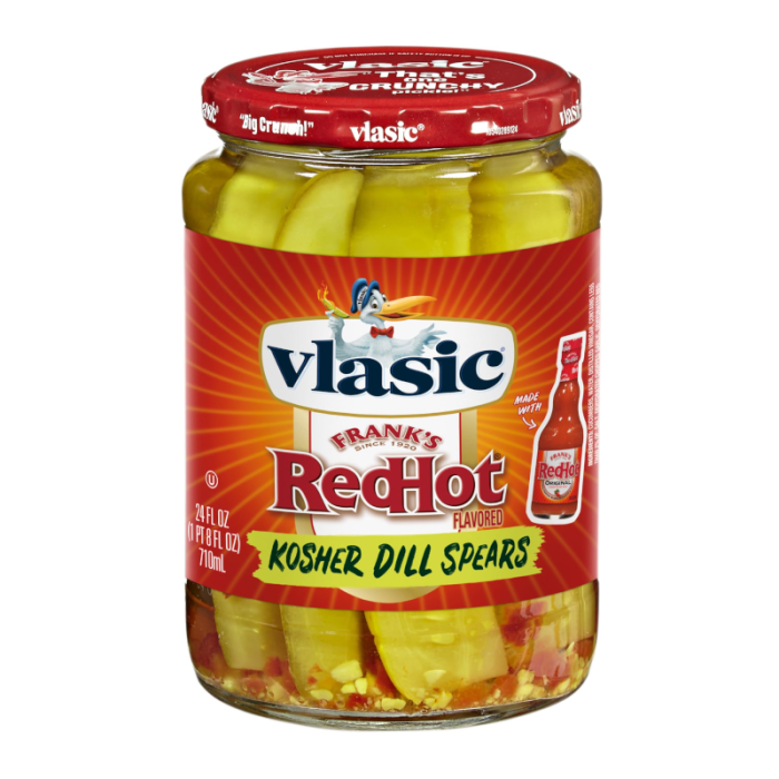 Front of Vlasic Franks Red Hot Kosher Dill Spears jar featuring the logo, bold red label, and visible dill spears in 710ml pack.