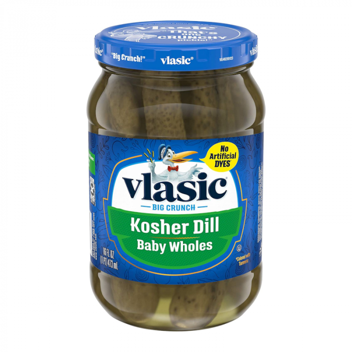 Front of Vlasic Kosher Dill Baby Wholes Pickles jar showing blue label, logo, and pickles inside (473ml pack)
