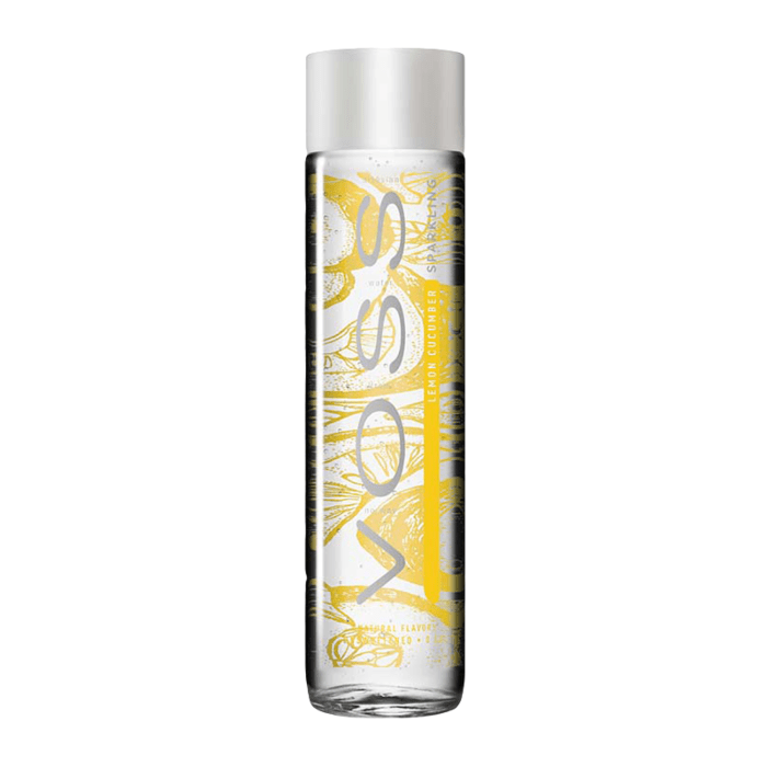 Front of Voss Lemon Cucumber Sparkling Water bottle displaying stylish logo, yellow lemon cucumber flavour label, and 375ml size.