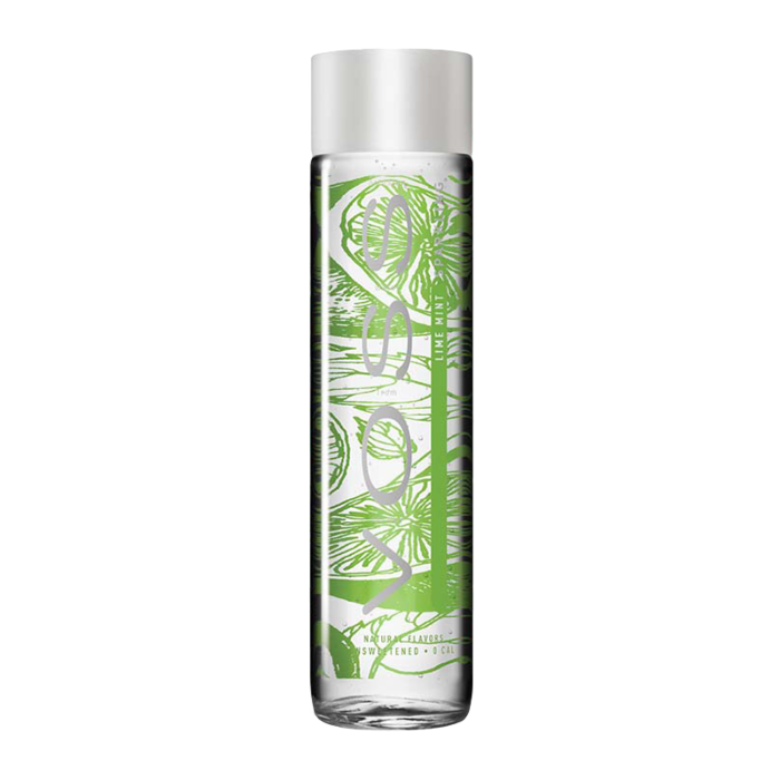 Front of Voss Lime Mint Sparkling Water bottle displaying green design, lime and mint theme, and 375ml capacity.