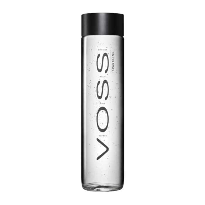 Front of Voss Sparkling Water bottle showing the logo, artisan water label, and sparkling bubbles (800ml)