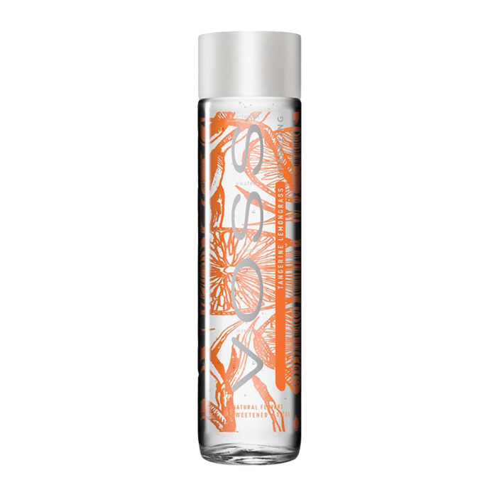 Front of Voss Tangerine Lemongrass Sparkling Water bottle showing brand logo, tangerine lemongrass flavour, and 375ml size.
