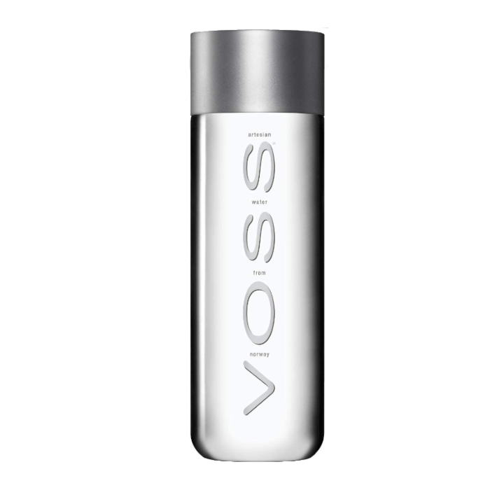 Front of Voss Still Water bottle displaying the brand logo, clear bottle design, and the 375ml size label.