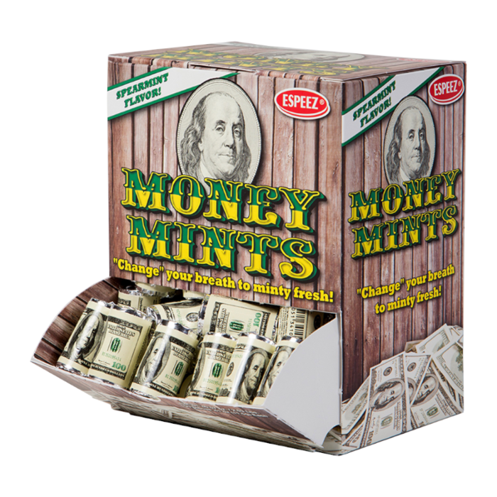 Front of Espeez Money Mints Roll showing spearmint flavour label, with a graphic of a hundred-dollar bill and the product title.