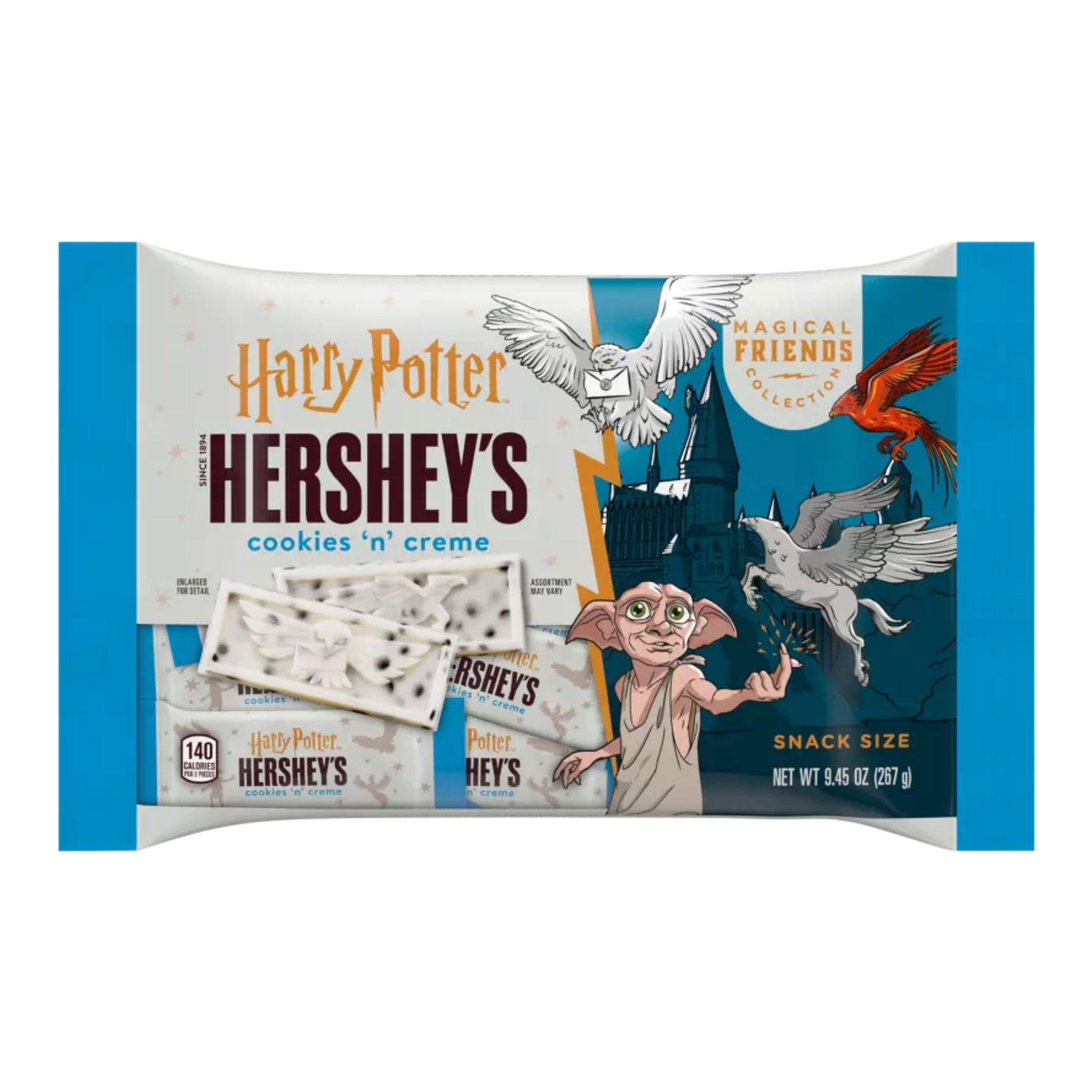 Front of Hershey's Cookie 'N' Crème Harry Potter pack featuring colourful characters and logo in a 267g size