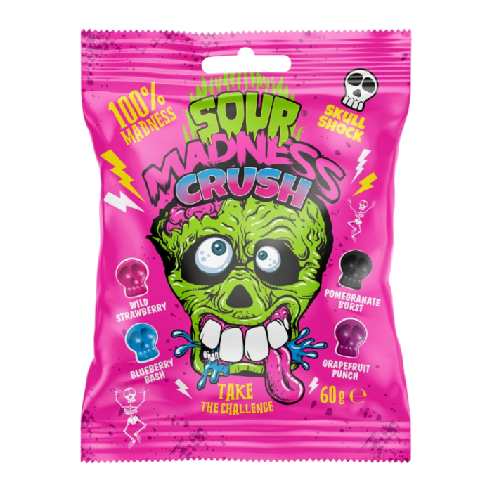 Front of Sour Madness Crush Hard Candies bag showing vibrant packaging with a skull design, featuring the flavours Wild Strawberry, Blueberry Bash, Pomegranate Burst, and Grapefruit Punch (60g pack)