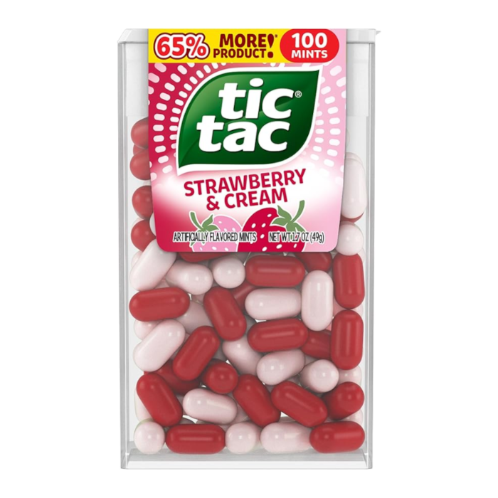 Front of Tic Tac Strawberry & Cream pack featuring logo, visible mints, and 48g size.