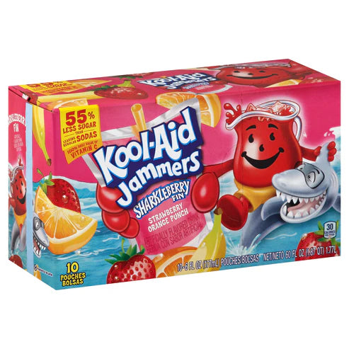 Front of Kool Aid Jammers Sharkleberry Fin case showing vibrant packaging with logo, fruit illustrations, and 10 pouches (10 x 177ml)