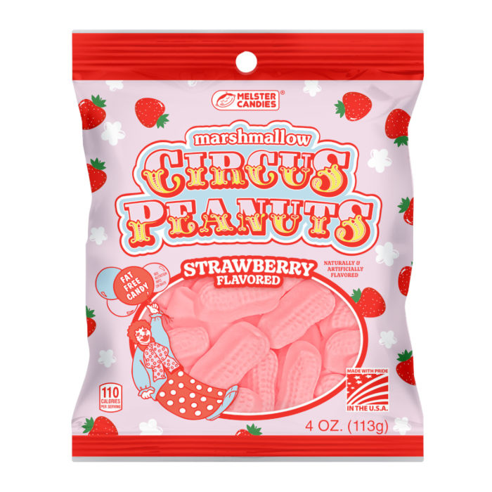 Front of a pink bag of Marshmallow Circus Peanuts Strawberry with logo, vibrant strawberries, and chewy marshmallow candy pieces (113g pack)