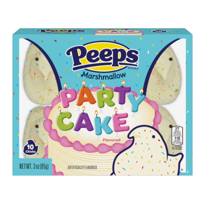 Front of Peeps Party Cake Marshmallow Chicks box showing colourful logo, party cake design, and 10 marshmallow chicks (85g pack)