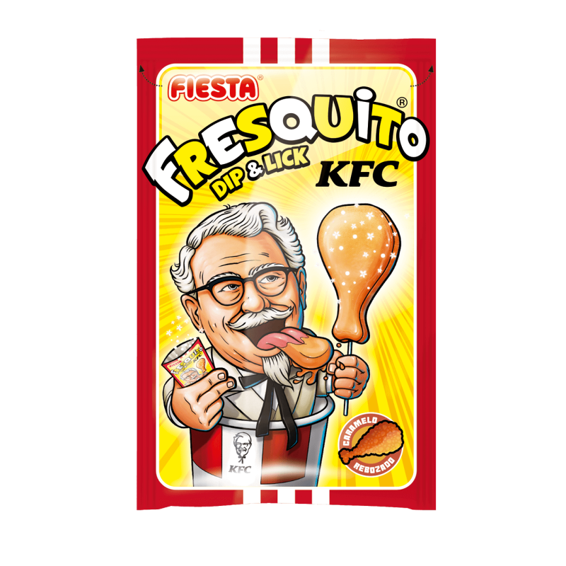 Front of Fresquito KFC Dip and Lick Lolly packaging showing colourful design with logo, a character licking a chicken drumstick, and the 17g size
