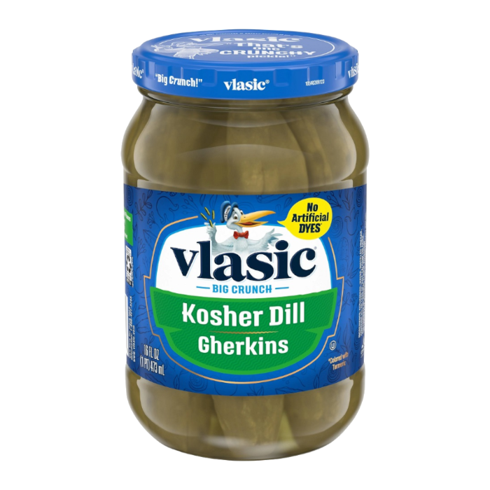 Front of Vlasic Kosher Dill Gherkins jar with blue label, featuring the logo and description, 473ml pack