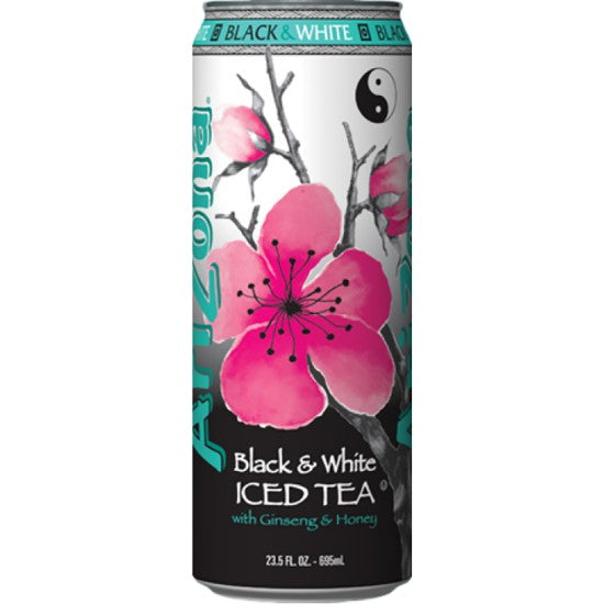 Front of AriZona Black & White Iced Tea can featuring a pink flower design, brand logo, and text indicating iced tea with ginseng and honey (695ml)