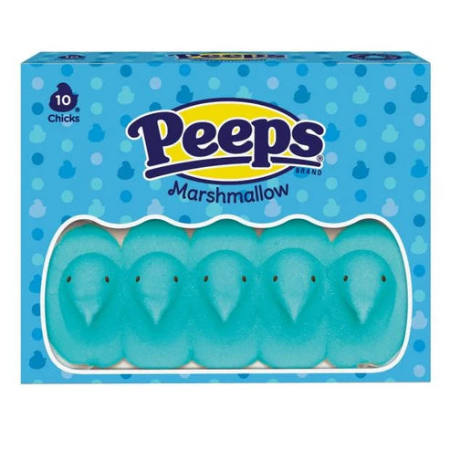 Front of Peeps Blue Marshmallow Chicks box featuring the brand logo, blue marshmallow chicks, and package count (85g)
